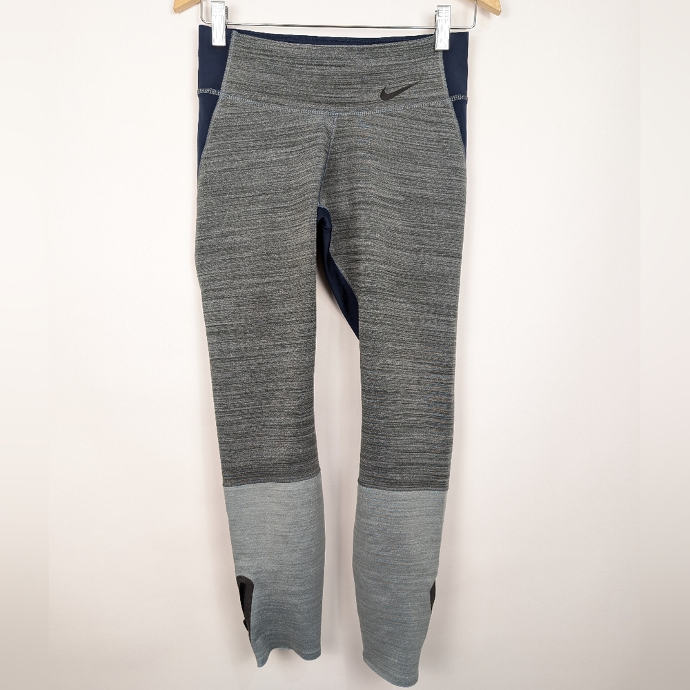 Nike dri-fit Women's Leggings Grey Navy Blue With Side Ankle Zip Size Medium